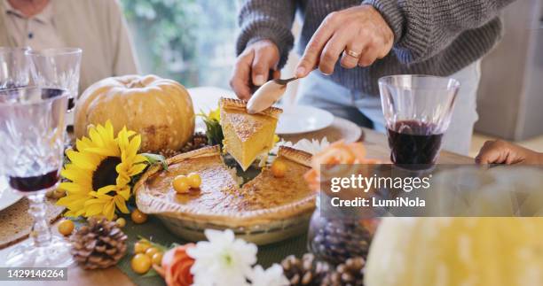 thanksgiving table, dining room and pumpkin pie for a holiday feast at home with decoration. luxury food, wine and traditional dessert for a festive, celebration and home made lunch at an event. - man eating pie stock pictures, royalty-free photos & images
