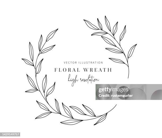 illustrations, cliparts, dessins animés et icônes de couronne florale dessinée à la main, couronne florale avec feuilles pour invitation au mariage. - couronne de laurier