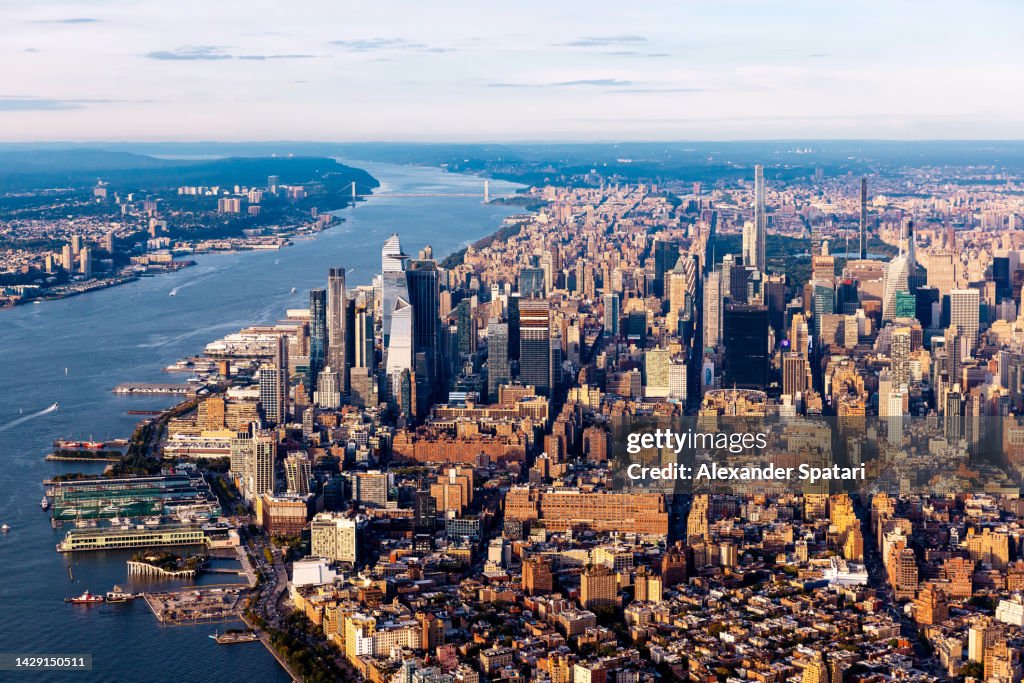 New York City skyline on a sunny day, aerial view, USA