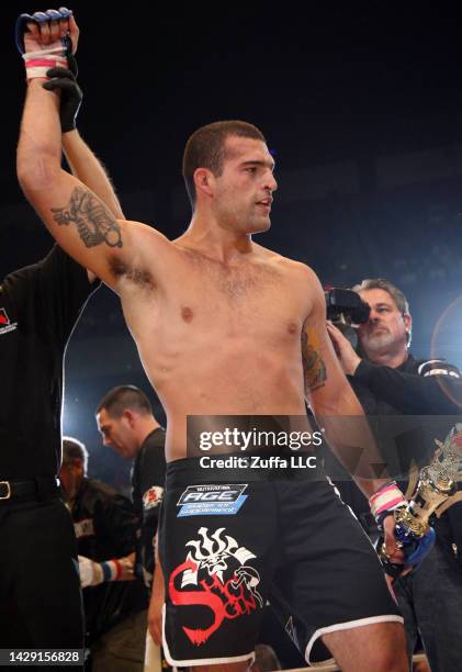 Mauricio 'Shogun' Rua reacts after his victory over Alistair Overeem inside Thomas & Mack Center on February 24, 2007 in Las Vegas, Nevada.