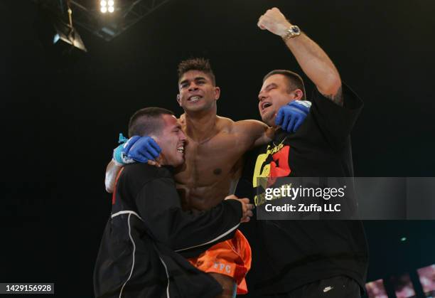 Alistair Overeem reacts after defeating Vitor Belfort inside Osaka Dome on April 23, 2005 in Osaka, Japan.