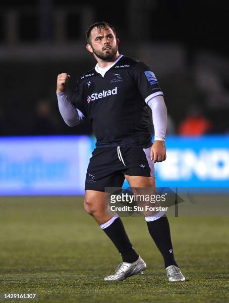 Falcons hooker George McGuigan celebrates during the Gallagher Premiership Rugby match between Newcastle Falcons and Bristol Bears at Kingston Park...