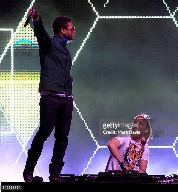 Singer Usher and DJ David Guetta perform onstage at the 2012 Coachella Valley Music & Arts Festival held at The Empire Polo Field on April 14, 2012...