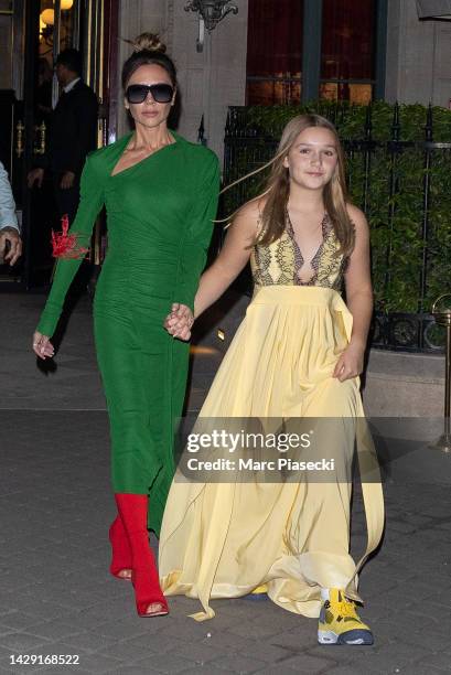 Victoria Beckham and daughter Harper Beckham are seen on September 30, 2022 in Paris, France.