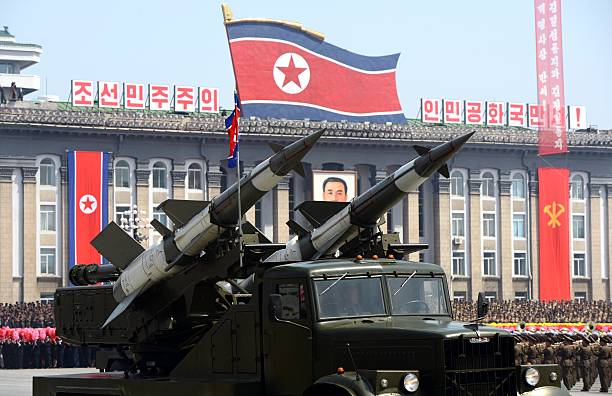 Missiles are displayed during a military parade to mark 100 years since the birth of the country's founder Kim Il-Sung in Pyongyang on April 15,...