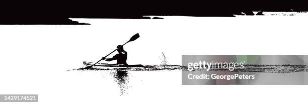 adult male kayaking and paddling on a lake - high contrast stock illustrations