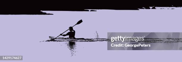 adult male kayaking and paddling on a lake - paddleboarding stock illustrations