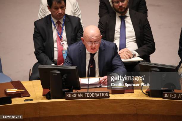 Russian Ambassador to the United Nations Vasily Nebenzya attends vote at the United Nations Security Council on a resolution to not recognize...