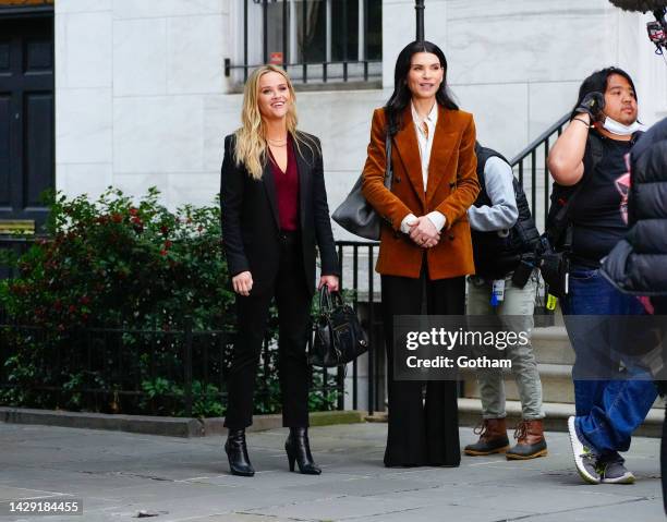 Reese Witherspoon and Julianna Margulies on location for 'The Morning Show' on September 30, 2022 in New York City.