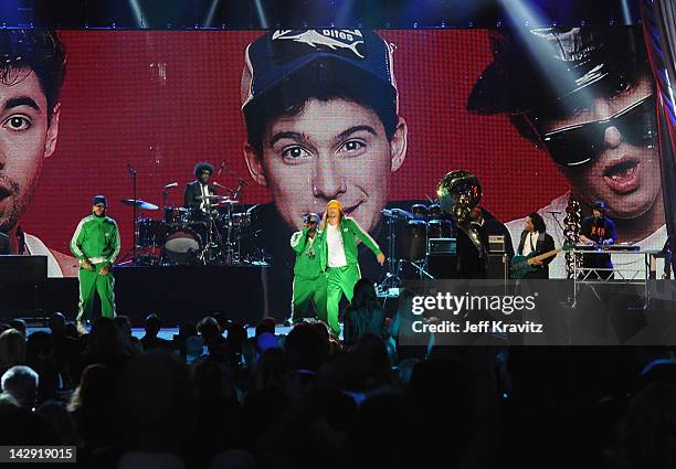 Travie McCoy, Black Thought and Kid Rock perform on stage at the 27th Annual Rock And Roll Hall Of Fame Induction Ceremony at Public Hall on April...