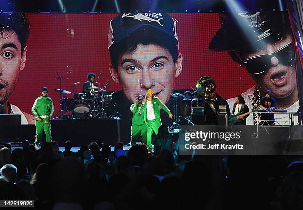 Travie McCoy, Black Thought and Kid Rock perform on stage at the 27th Annual Rock And Roll Hall Of Fame Induction Ceremony at Public Hall on April...