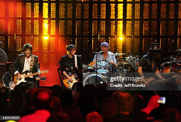 Ron Wood, Josh Klinghoffer, Chad Smith and Slash perform on stage at the 27th Annual Rock And Roll Hall Of Fame Induction Ceremony at Public Hall on...