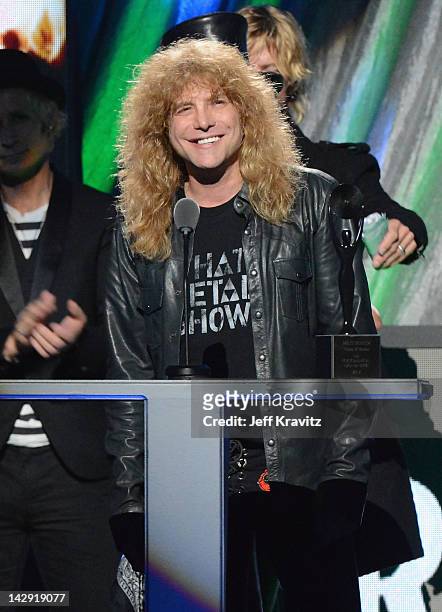 Inductee Steven Adler of Guns N’ Roses speaks on stage at the 27th Annual Rock And Roll Hall Of Fame Induction Ceremony at Public Hall on April 14,...