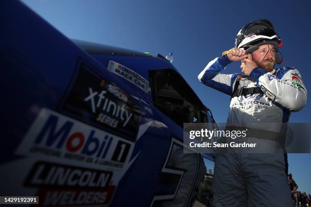 Jeffrey Earnhardt, driver of the Absaroka Ford, prepares to qualify for the NASCAR Xfinity Series Sparks 300 at Talladega Superspeedway on September...