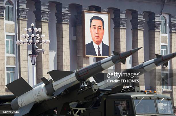 Ground-to-air missiles are displayed before a portrait of former North Korean leader Kim Il-Sung during a military parade to mark 100 years since the...