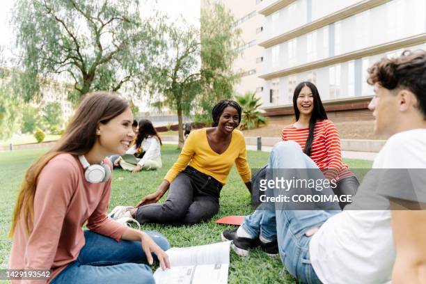 group of university students sitting on the campus lawn having a good time. back to school and friendship concept. - school yard ストックフォトと画像
