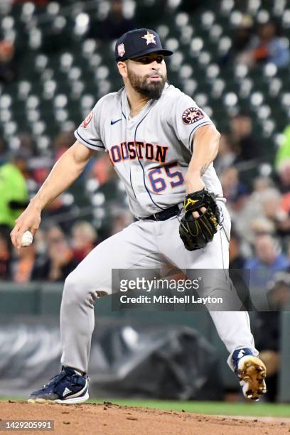 Jose Urquidy of the Houston Astros pitches during a baseball game against the Baltimore Orioles at Oriole Park at Camden Yards on September 23, 2022...