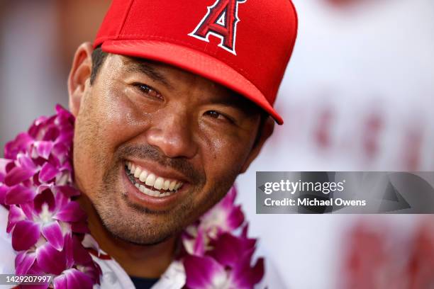 Kurt Suzuki of the Los Angeles Angels gets emotional following his retirement ceremony prior to a game against the Texas Rangers at Angel Stadium of...