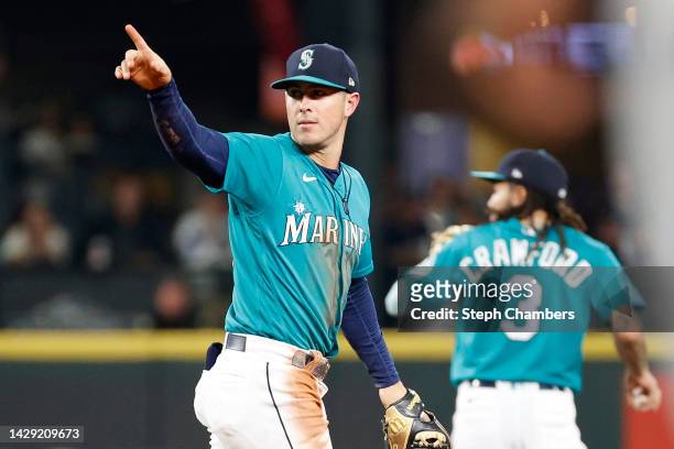 Dylan Moore of the Seattle Mariners reacts after tagging out Conner Capel of the Oakland Athletics during the second inning at T-Mobile Park on...