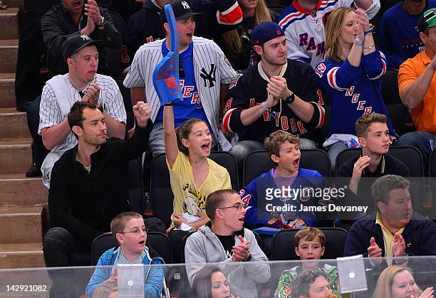 Jude Law, Iris Law, Rudy Law and Finlay Law attend the Ottawa Senators vs New York Rangers game at Madison Square Garden on April 14, 2012 in New...