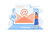 Spamming, email spam. Girl cartoon character getting unsolicited ,undesirable electronic messages. Advertising, messaging, commercial, newsletter. Vector illustration