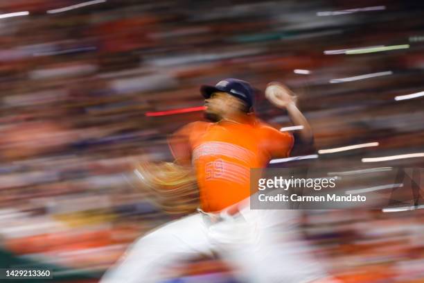 Framber Valdez of the Houston Astros delivers during the fifth inning against the Tampa Bay Rays at Minute Maid Park on September 30, 2022 in...