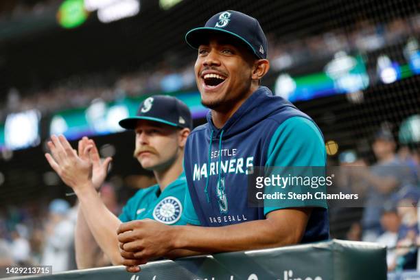 Julio Rodriguez of the Seattle Mariners looks on before the game against the Oakland Athletics at T-Mobile Park on September 30, 2022 in Seattle,...