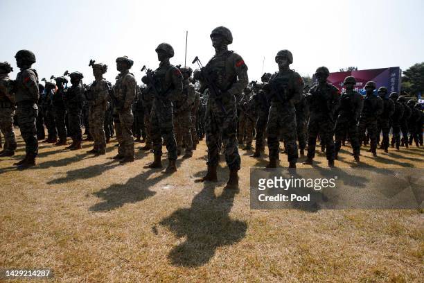 South Korean Army soldiers participate in the media day for the 74th anniversary of Armed Forces Day at the Military Base on September 29, 2022 in...