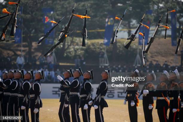 South Korean Army soldiers participate in the media day for the 74th anniversary of Armed Forces Day at the Military Base on September 29, 2022 in...