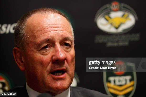 Kangaroos coach Tim Sheens talks to the media after the announcement of the Australian Kangaroos team squad for the test match against the New...