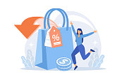 Shopping discounts and allowances cartoon web icon. Selling price reduction, retail sales, creative marketing. Special offer, customer attraction idea. Vector illustration