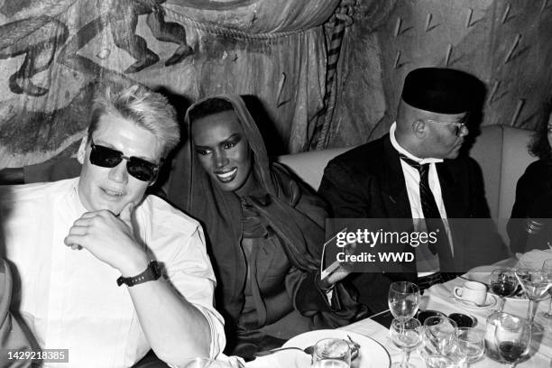 Actor Dolph Lundgren, entertainer Grace Jones and guest attend the opening night of Paris party season at the Palace Nightclub.