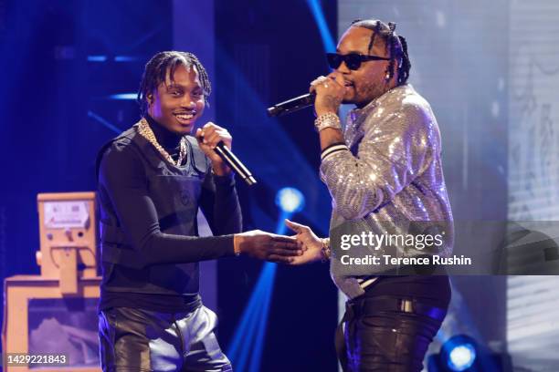 Lil TJay and Fivio Foreign onstage during the BET Hip Hop Awards 2022 on September 30, 2022 in Atlanta, Georgia.