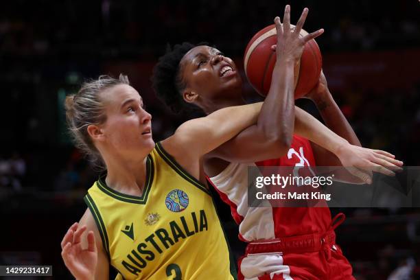 Nirra Fields of Canada and Kristy Wallace of Australia compete for the ball during the 2022 FIBA Women's Basketball World Cup 3rd place match between...