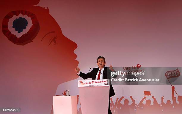 Jean-Luc Melenchon, the Presidential candidate for Front De Gauche, speaks in front 100,000 people during an election campaign meeting on the Prado...