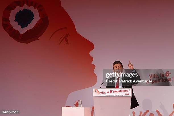 Jean-Luc Melenchon, the Presidential candidate for Front De Gauche, speaks in front 100,000 people during an election campaign meeting on the Prado...