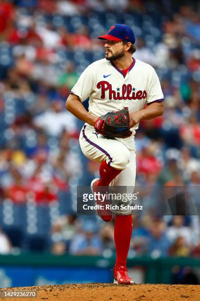 Brad Hand of the Philadelphia Phillies in action against the New York Mets during a game at Citizens Bank Park on August 21, 2022 in Philadelphia,...