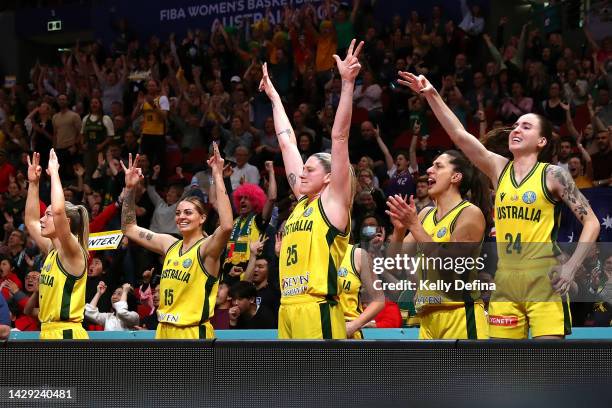 Tess Madgen, Cayla George, Lauren Jackson, Marianna Tolo and Anneli Maley of Australia react during the 2022 FIBA Women's Basketball World Cup 3rd...