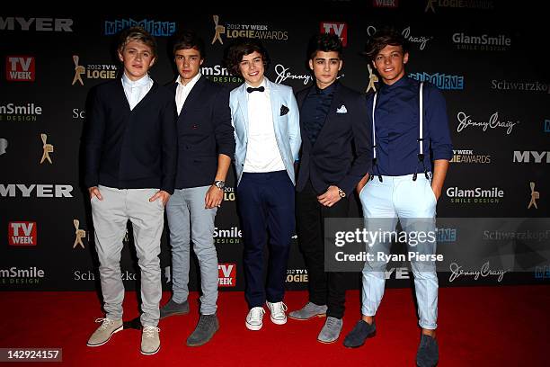 Niall Horan, Liam Payne, Harry Styles, Zayn Malik and Louis Tomlinson of One Direction arrive at the 2012 Logie Awards at the Crown Palladium on...