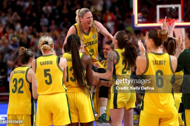 Lauren Jackson of Australia celebrates with team mates after playing her final Opals game during the 2022 FIBA Women's Basketball World Cup 3rd place...