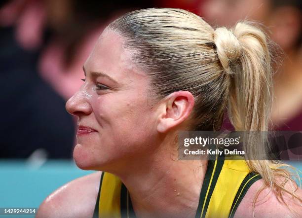 Lauren Jackson of Australia celebrates with team mates after playing her final Opals game during the 2022 FIBA Women's Basketball World Cup 3rd place...
