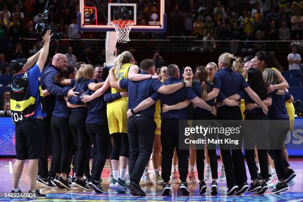Players of Australia celebrate victory during the 2022 FIBA Women's Basketball World Cup 3rd place match between Canada and Australia at Sydney...