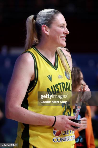 Lauren Jackson of Australia holds the player of the game trophy after the 2022 FIBA Women's Basketball World Cup 3rd place match between Canada and...