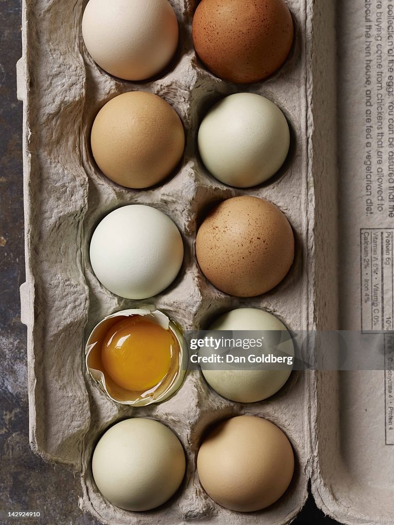 Carton of eggs, one broken