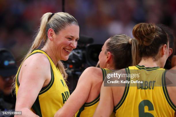 Lauren Jackson of Australia reacts after playing her final Opals game during the 2022 FIBA Women's Basketball World Cup 3rd place match between...