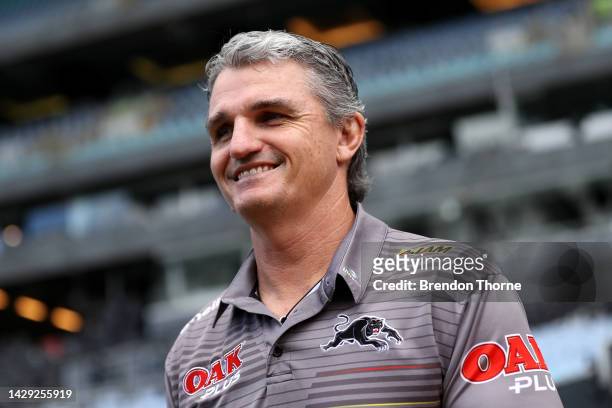 Ivan Cleary walks onto the field during a Penrith Panthers NRL training session at Accor Stadium on October 01, 2022 in Sydney, Australia.
