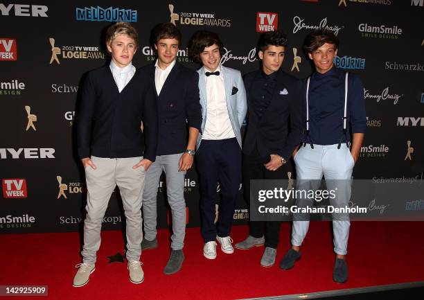 Niall Horan, Liam Payne, Harry Styles, Zayn Malik and Louis Tomlinson of One Direction arrive at the 2012 Logie Awards at the Crown Palladium on...