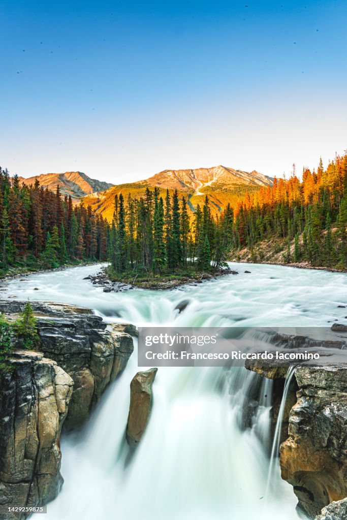 Scenic Sunwapta Falls, Jasper National Park, Alberta, Canada. Copy Space