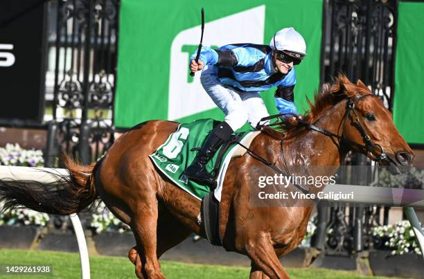 Ethan Brown riding Smokin' Romans winning Race 7, the Tab Turnbull Stakes, during Turnbull Stakes Day at Flemington Racecourse on October 01, 2022 in...