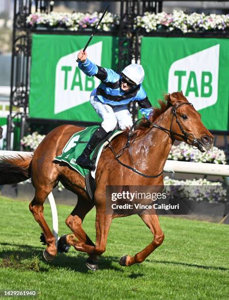 Ethan Brown riding Smokin' Romans winning Race 7, the Tab Turnbull Stakes, during Turnbull Stakes Day at Flemington Racecourse on October 01, 2022 in...